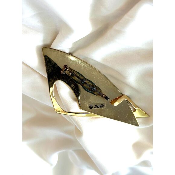 Vintage Modernist Brooch Green Enamel Gold Tone Berebi - Picture 4 of 4